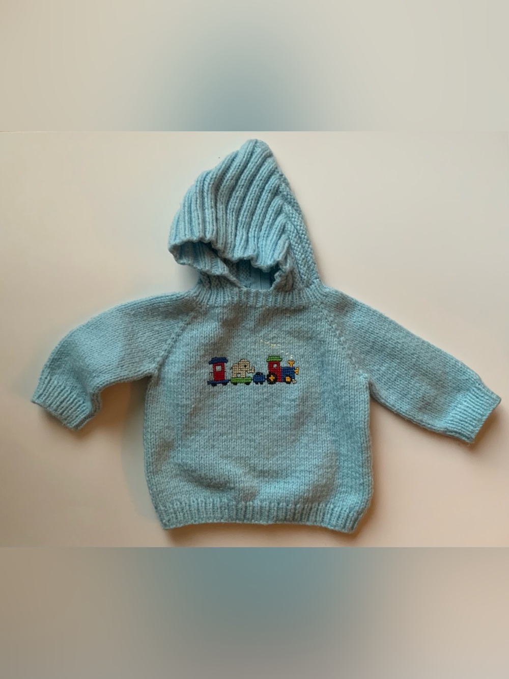 Vintage Blue Baby Hooded Sweater with Train Motif